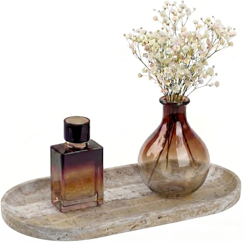 YKAJO Onyx Travertine Oval Marble Tray, 11.8x5.9 Vanity Perfume Organizer | Honed natural stone; jewelry & trinket dish, ring & key holder, soap & candle catchall; bath counter, dresser, coffee table - color: Onyx Travertine, size: 11.8" x 5.9" x 0.6"