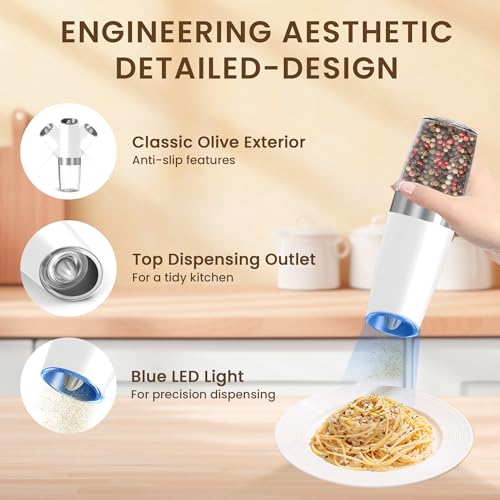 Battery Gravity Salt Pepper Grinder Set, 2 Pack (White) | Gravity Automatic Grinder With LED Light & Adjustable Roughness, Each Requires 6 AAA Batteries For Kitchen Daily Seasoning - color: Battery/Set/White