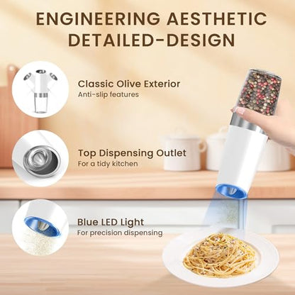 Battery Gravity Salt Pepper Grinder Set, 2 Pack (White) | Gravity Automatic Grinder With LED Light & Adjustable Roughness, Each Requires 6 AAA Batteries For Kitchen Daily Seasoning - color: Battery/Set/White