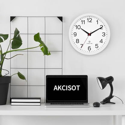 AKCISOT 10 Inch Wall Clock, Silent Battery Operated Analog Clock, White | Atomic | Classroom | Kitchen | Office | Easy to Read Numbers | Garage - color: Atomic_white, size: 10 Inch