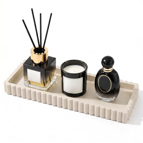 Bathroom Vanity Tray - 9.4''x3.9'' Silicone Bathroom Tray with Scalloped Edge, Counter Top Tray for Vanity Sink Countertop, Decorative Organizer for Cosmetics Jewelry, Rectangular, Beige - color: Beige, size: 9.4" x 3.9" x 0.7"