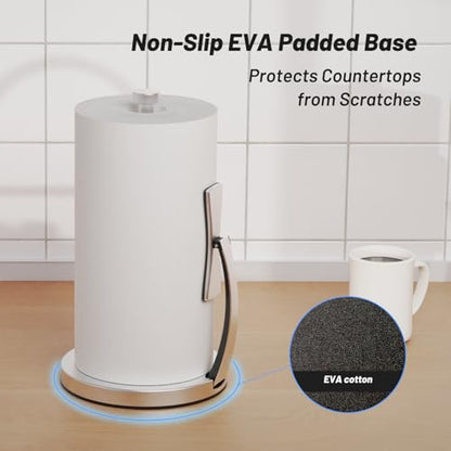 VEHHE Paper Towel Holder Countertop, One-Handed Tear, Stainless Steel, Stand Paper Towel Holder with Spring Activated Arm & Non Slip Weighted Base, for Kitchen Bathroom (Silver) - color: Silver, size: Eva Pad Base