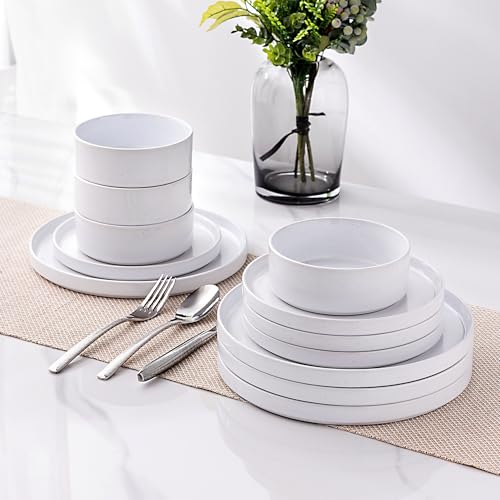 GBHOME Stoneware Dinnerware Sets for 4, 12 Pieces Plates and Bowls Set | Lightweight Ceramic Ribbed Dishes,Reactive Glaze Stackable Plate Set,Scratch Resistant,Microwave Dishwasher Safe, Light - color: Light White