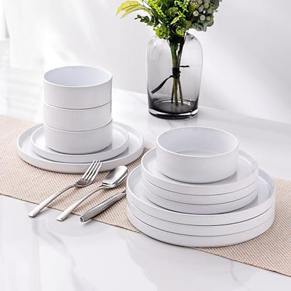 GBHOME Stoneware Dinnerware Sets for 4, 12 Pieces Plates and Bowls Set | Lightweight Ceramic Ribbed Dishes,Reactive Glaze Stackable Plate Set,Scratch Resistant,Microwave Dishwasher Safe, Light - color: Light White