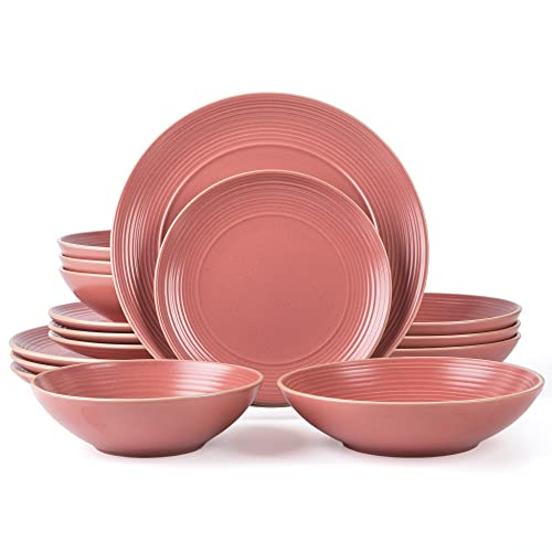 Arora RINGAR Round Stoneware 16pc Double Bowl Dinnerware Set for 4, Dinner Plates, Side Plates, Cereal Bowls, Pasta Bowls - Speckle Matte Red (395438) - color: Speckle Matte Red-Cereal/Pasta Bowl, style: Round-Service for 4(16pcs)