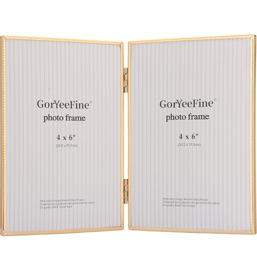 4x6 inch Double Gold Metal Picture Frame with High-Definition Tempered Glass - Thin Edge with Beading Minimalist Design, Velvet Back, Tabletop & Wall Mount - color: Gold, size: 4x6''(Double)