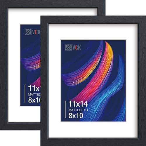 VCK 11x14 Picture Frame 5 Pack, Black Wood, 8x10 Mat, Glass, for Photo | Tempered Glass, Acid-Free Mat, Tabletop & Wall Hanging, Vertical Horizontal Display Print, Portrait, Gallery, Home and Office - color: Black, size: 11x14, style: 2 Pack