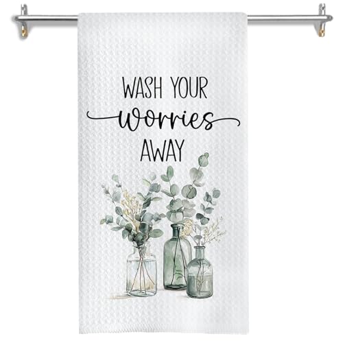 Farmhouse Sage Green Eucalyptus Leaves Bathroom Hand Towels, Wash Your Worries Away Botanical Funny Hand Towels for Bathroom Washroom Restroom Toilet Decor, 16x24 Inches - color: Wash Bathroom D