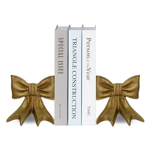 Gold Bow Bookends, Set of 2 Heavy-Duty Metal Book Ends for Heavy Books, Decorative Book Ends Holders for Shelves, Modern Home Office Desk Accent Decor(4.3 Pounds)