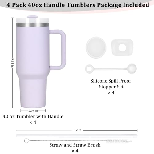 4 Pack 40 Oz Tumbler with Handle Bulk, Double Wall Vacuum Insulated Stainless Steel Tumbler with Lid and Straw, 40 oz cup with Silicone Spill Proof Stopper Set (Purple) - color: Purple