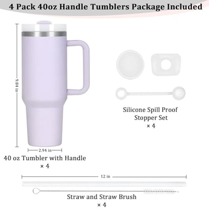 4 Pack 40 Oz Tumbler with Handle Bulk, Double Wall Vacuum Insulated Stainless Steel Tumbler with Lid and Straw, 40 oz cup with Silicone Spill Proof Stopper Set (Purple) - color: Purple