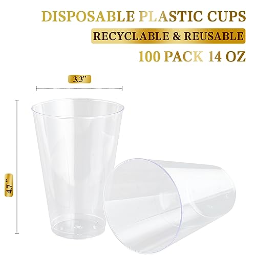 FOCUSLINE 100 Pack 14 oz Clear Plastic Cups, Disposable Drinking Cups | Heavy-Duty Hard Plastic, Reusable, Crack Resistant, Ideal for Weddings, Parties, Thanksgiving, Halloween, Christmas - color: 14 oz Clear