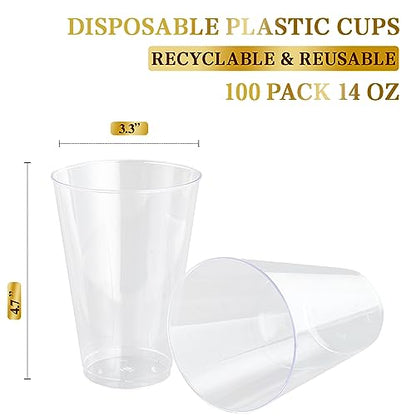 FOCUSLINE 100 Pack 14 oz Clear Plastic Cups, Disposable Drinking Cups | Heavy-Duty Hard Plastic, Reusable, Crack Resistant, Ideal for Weddings, Parties, Thanksgiving, Halloween, Christmas - color: 14 oz Clear