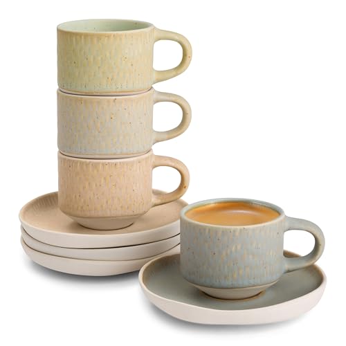 KooK Espresso Mug and Saucer Set, Ceramic Cups and Plates with Rustic Organic Shape and Feathered Texture, Dishwasher and Microwave Safe, 2.7 oz, Set of 4, Neutral Multicolor (2.7 Oz) - size: 2.7 Oz