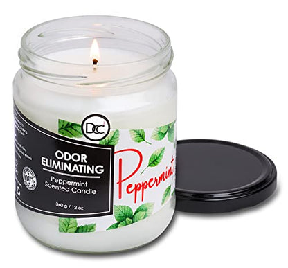 Peppermint Odor Eliminating Highly Fragranced Candle - Eliminates 95% of Pet, Smoke, Food, and Other Smells Quickly - Up to 80 Hour Burn time - 12 Ounce Premium Soy Blend - color: Peppermint