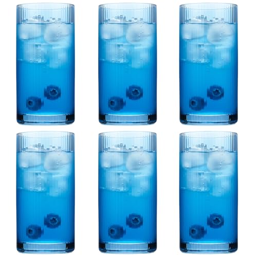 Physkoa Blue Ribbed Drinking Glasses Set of 6 – Vintage Embossed Highball Glassware, Thick Durable Tumbler Cups for Water, Juice, Cocktails, Iced Coffee, Kitchen Bar Gift Set - color: Blue