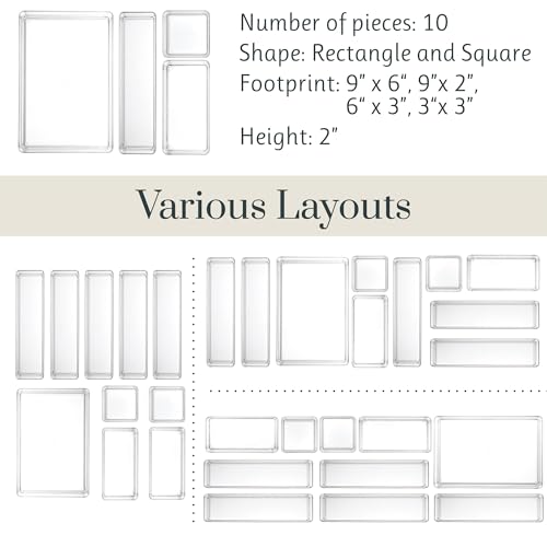 STORi SimpleSort 10-Piece Stackable Clear Drawer Organizer Set | Multi-size Trays | Makeup Vanity Storage Bins and Office Desk Drawer Dividers | Made in USA - size: 10 piece set, style: 10 Piece Set
