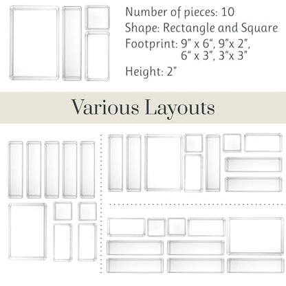 STORi SimpleSort 10-Piece Stackable Clear Drawer Organizer Set | Multi-size Trays | Makeup Vanity Storage Bins and Office Desk Drawer Dividers | Made in USA - size: 10 piece set, style: 10 Piece Set