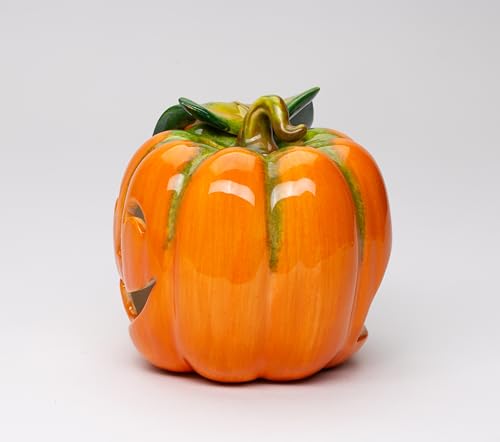 Fine Ceramic Jack-O-Lantern Pumpkin Design Tea Light Candle Holder, 5" L