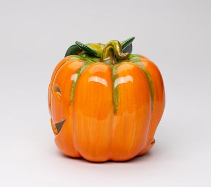 Fine Ceramic Jack-O-Lantern Pumpkin Design Tea Light Candle Holder, 5" L