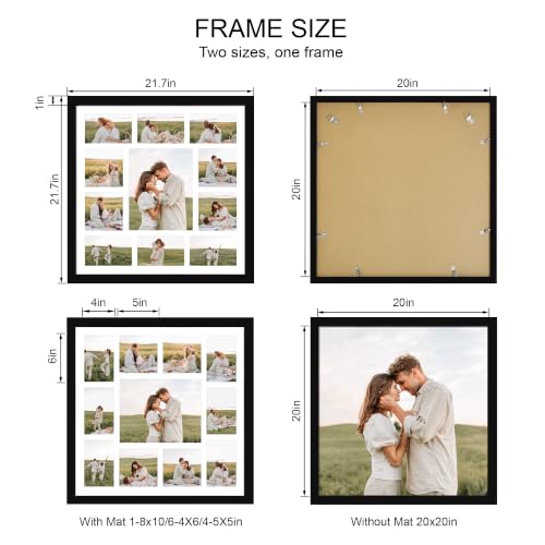 Hongkee 20x20 Square Frame 2 Pack, Fits 11 Photo with Mat- Real Glass Cover | Black Wooden, Display Collage One 8x10, Four 5x5, Six 4x6 - Wall Mounting, fits Photos, Posters and Art - color: Black, size: 20x20 in with mat