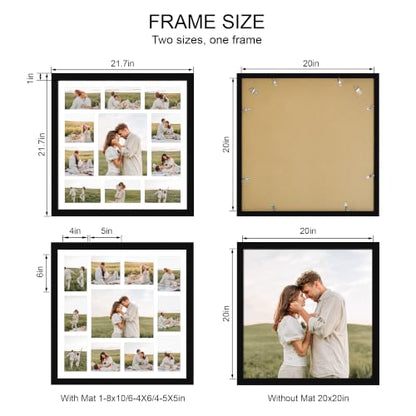 Hongkee 20x20 Square Frame 2 Pack, Fits 11 Photo with Mat- Real Glass Cover | Black Wooden, Display Collage One 8x10, Four 5x5, Six 4x6 - Wall Mounting, fits Photos, Posters and Art - color: Black, size: 20x20 in with mat