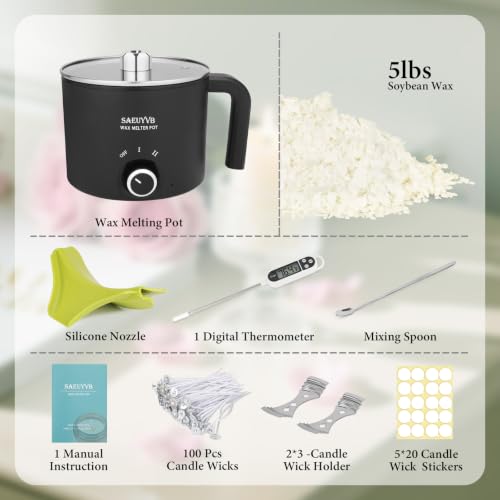 SAEUYVB 5lbs Soy Wax for Candle Making with 1.8L Wax Melter Pot | DIY Candle Making Supplies/Kit for Adults Beginnner,Including Soy Wax Flakes,Electric Wax Melter,Candle Wicks and More - color: black(1.8L)-5lb