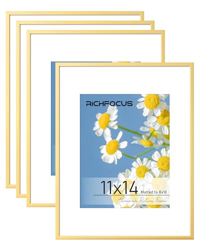 RICHFOCUS 11x14 Gold Picture Frame Set of 4|11 x 14 Modern Photo Frame with Mat for 8x10|11x14 Metal Aluminum Frames for Wall Mounting|Hanging Hardwares Included - color: Gold, size: 11x14-4P-Plexiglass
