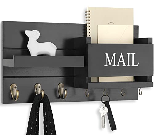 Lwenki Mail Organizer for Wall Mount – Key Holder with Shelf Includes Letter Holder and Hooks for Hallway Farmhouse Decor – Rustic Wood with Flush Mounting Hardware (16.5” x 9.1” x 3.4”) (Black) - color: Black
