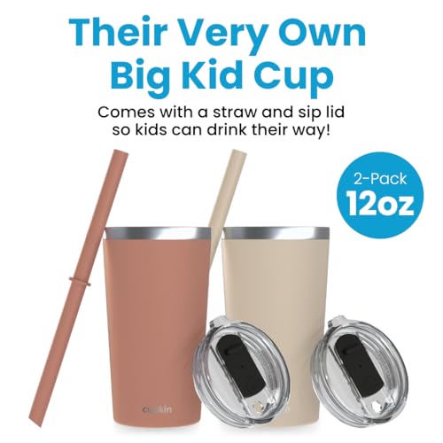 CUPKIN Toddler Tumblers, The Original 12 oz Stackable Stainless Steel Cups, Set of 2 Powder Coated Insulated Kids Water Bottle Alternative + BPA Free Lids + Reusable Silicone Straws (Brown + Peach) - color: Brown + Peach, size: 12 Fl Oz (Pack of 2)