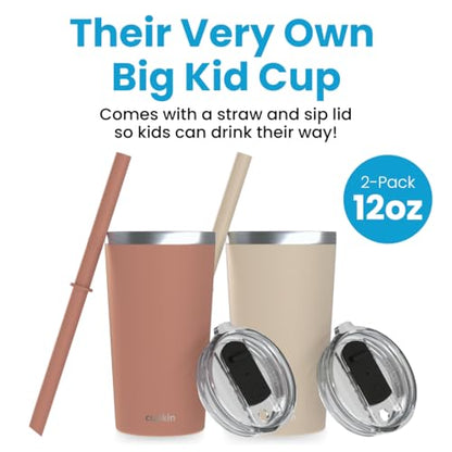 CUPKIN Toddler Tumblers, The Original 12 oz Stackable Stainless Steel Cups, Set of 2 Powder Coated Insulated Kids Water Bottle Alternative + BPA Free Lids + Reusable Silicone Straws (Brown + Peach) - color: Brown + Peach, size: 12 Fl Oz (Pack of 2)