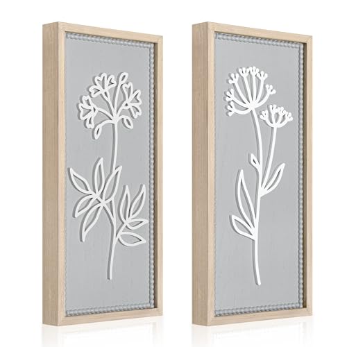 Gray Bathroom Wall Decor Set of 2, Rectangular 3D Wooden Floral Wall Art | Raised white floral cutouts in rectangular frames, ready to hang; neutral boho farmhouse decor for bedroom and hallway walls - color: Grey-2 Rect