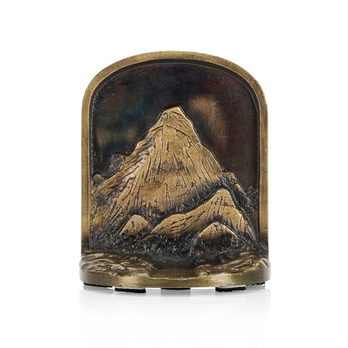 Cast Iron Mountain Bookends Set, Antique Brass Book Ends, 2 Decorative Book Holders for Shelves or Bookcase, Stylish Brass, Non-Skid Anti-Slip Heavy Duty, Home Décor Gift