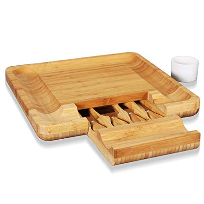 NutriChef Bamboo Cheese Cutting Board Set - Flat Wood Rectangle Serving Platter Plate Kit for Fruit and Meat w/Closing Drawer Tray, 4 Stainless Steel Knives, Bonus Condiment Cup - NutriChef AZPKCZBD10
