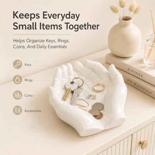 White Resin Hand-Shaped Key Tray for Entryway and Desk | White resin hand-shaped key tray, decorative catchall bowl for keys, jewelry, coins, entryway table, desk and nightstand.