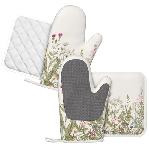Wildflower Botanical Oven Mitts and Pot Holders Set Silicone Heat Resistant Floral Plant Herbs Sage Green Leaves Kitchen Gloves Set Kitchen Mittens Pot Holders for Cooking Baking Grilling - color: Sage Green