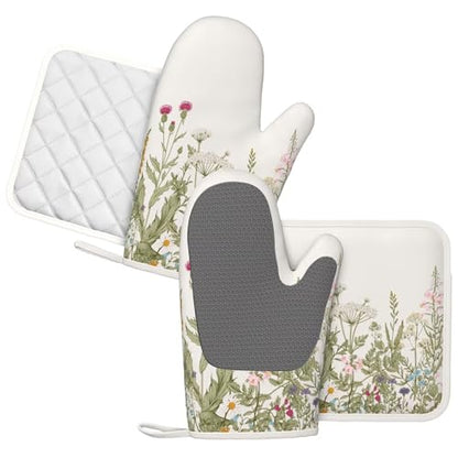 Wildflower Botanical Oven Mitts and Pot Holders Set Silicone Heat Resistant Floral Plant Herbs Sage Green Leaves Kitchen Gloves Set Kitchen Mittens Pot Holders for Cooking Baking Grilling - color: Sage Green