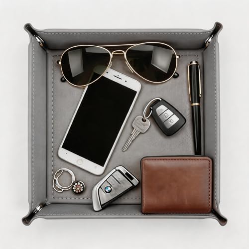 Valet Tray Desktop Storage Organizer - Vegan Leather Catchall Tray Bedside Vanity Tray Nightstand Caddy Holder for Remote Controller, Watch, Keys, Phone, Wallet, Coin, Jewelry - Gray - color: Gray