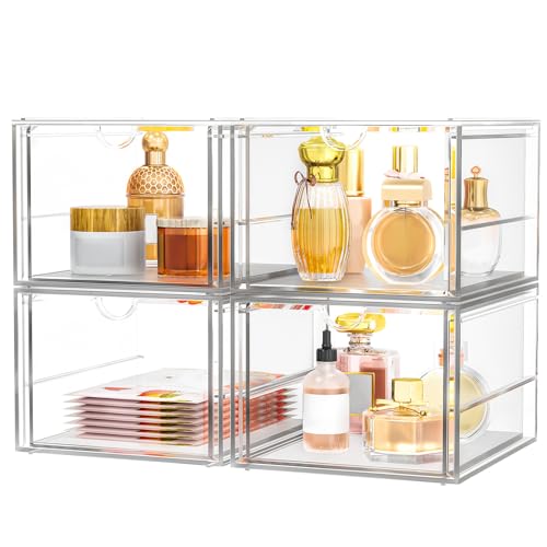 4-Pack 4-Drawer Acrylic Storage Organizer for Desk, Crafts,Vanity | Smooth-glide drawers, clear body, dustproof, wipe clean, for paintbrushes, beads, sequins, googly eyes, embroidery floss - size: 4 Drawers