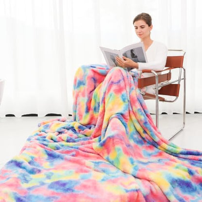 MUGD Lightweight Blanket Fleece Big Blanket Fuzzy Throw Blanket for Bed Queen Size - color: Pink Rainbow, size: Queen(90"x90"/ 230x230cm)