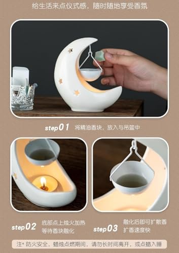 Moon & Star Ceramic Wax Melt Warmer, Hanging Tealight Oil Burner, Aromatherapy Candle Holder for Home Decor, Bedroom, Spa, Boho Gift for Women, Mom Black