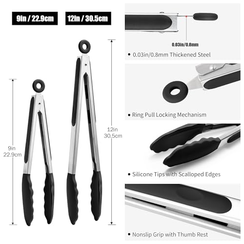 Doosu 9+12in Kitchen Tongs for Cooking - 600°F Heat Resistant Food Tongs with Non-Scratch Silicone Tips & 4-Piece Silicone Spatula Set Kitchen BPA Free Food Grade Baking Supplies Cooking Tools (Black)