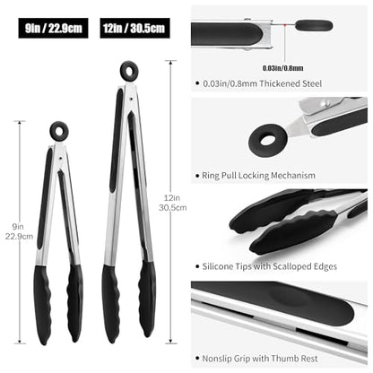 Doosu 9+12in Kitchen Tongs for Cooking - 600°F Heat Resistant Food Tongs with Non-Scratch Silicone Tips & 4-Piece Silicone Spatula Set Kitchen BPA Free Food Grade Baking Supplies Cooking Tools (Black)