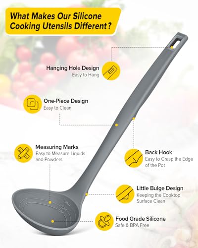 Silicone Pasta Fork and Soup Ladle Set, Heat Resistant Non Stick Kitchen Utensils with Back Hooks, Suitable for Cooking, Stirring, Serving Spaghetti, Soup, Sauce (GRAY) - color: Gray