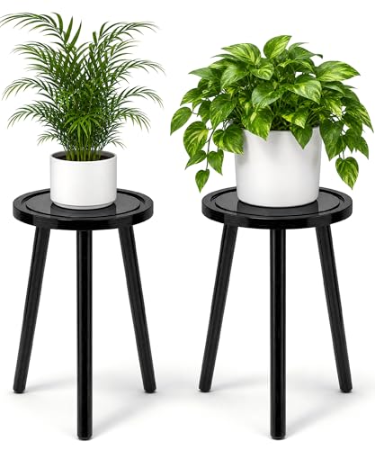 2-Pack Wood Plant Stands Indoor, 16.7" Tall Plant Stand Outdoor Mid-Century Plant Stool, Single Plant Table Modern Small Round Side/End Table for Living Room, Balcony, Office(Black) - color: Black, size: 2 Pack