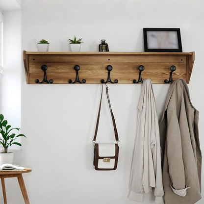 WEBI Wall Shelf with Hooks Underneath,35" Long Wall Mounted Coat Rack with Shelf,Entryway Coat Rack with 5 Triple Hooks for Hanging Coats,Jacket,Hallway,Bedroom,Mudroom,Brown - color: Brown, size: 35 Inch