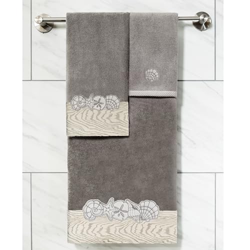 Seaside 4-Piece Luxury Towel Set, Sparkling Seashell Applique, Plush Turkish Cotton, Durable & Quick Dry, Nautical Bath Ensemble, 2 Bath 2 Hand Towels, Charcoal - color: Charcoal, size: 2 Pcs Bath 2 Pcs Hand Towel