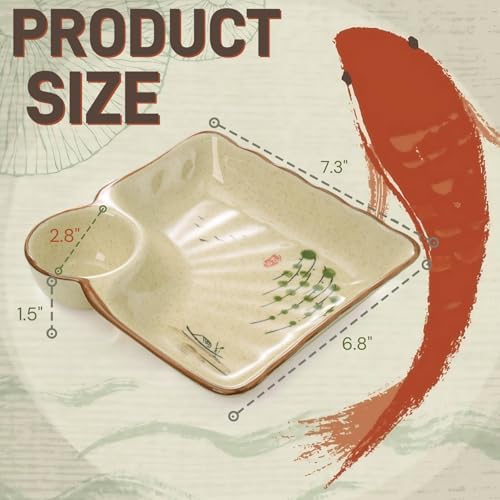 4 Pack Ceramic Dumpling Plate with Dipping Saucer, 7.3 Inch Japanese Sushi Platter, Chip and Dip Plate, Divided Snack Serving Dish for Appetizer, Charcuterie, Dessert, Salad, Entertainment