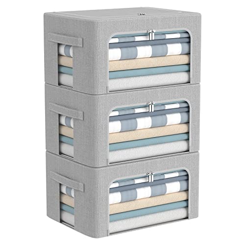 CYhom 3Pack Foldable Storage Bins - Frame Storage Box Linen Fabric Stackable Clothes Container Organizer with Clear Window & Carry Handles Large Capacity (Small-22L, Light Grey) - color: Light Grey, size: Small-22L