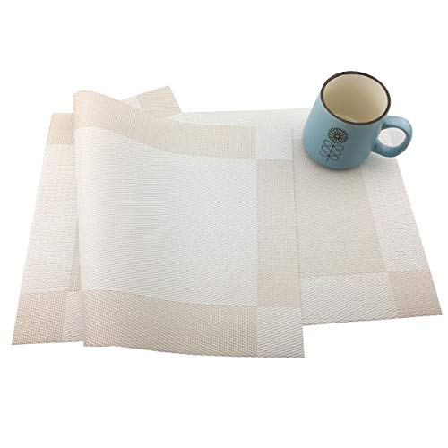 Vinyl Beige Placemats Heat Resistant Dining Table Mats Non-Slip Washable Place Mats Set of 6 （Beige） - color: Beige